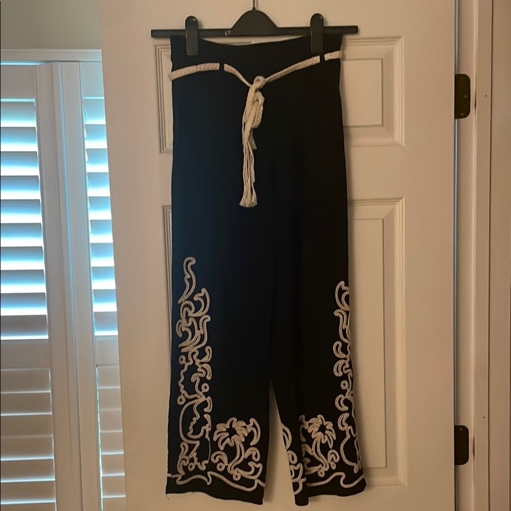 Rachel Zoe Black Wide Leg Pants with White Embroidery
